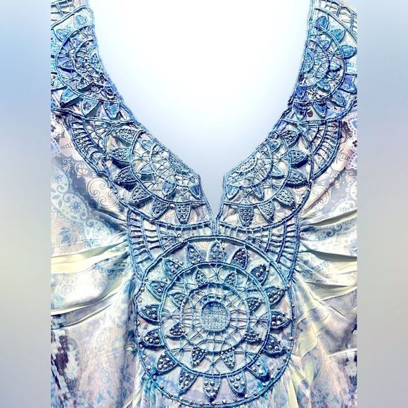 World Unity Embellished BOHO Tunic Blue Purple Handkerchief Hem Size M. - Picture 8 of 13